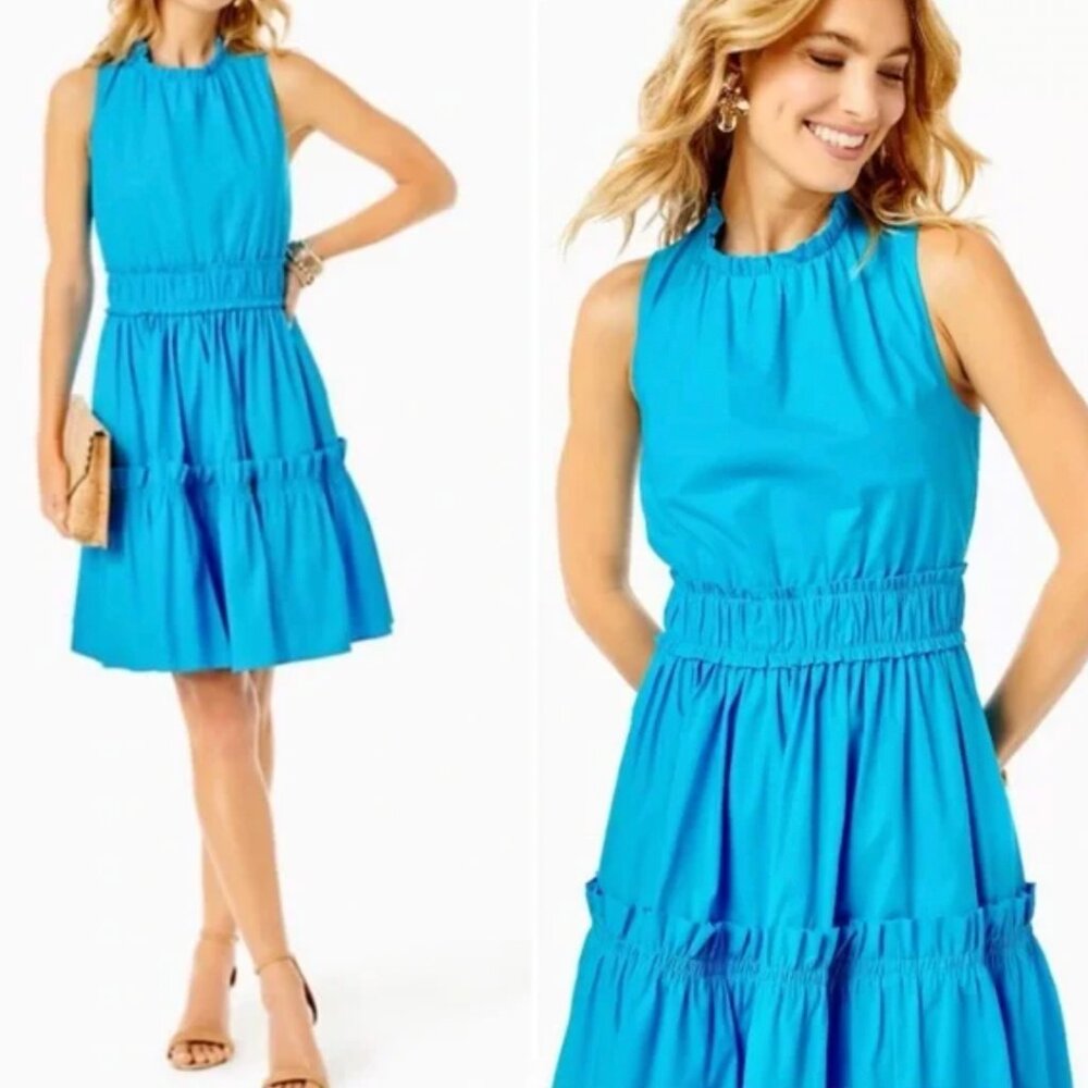 NWT- Lilly Pulitzer Elina Stretch Cotton Dress Tiered Ruffle Trim Cumulus Blue
